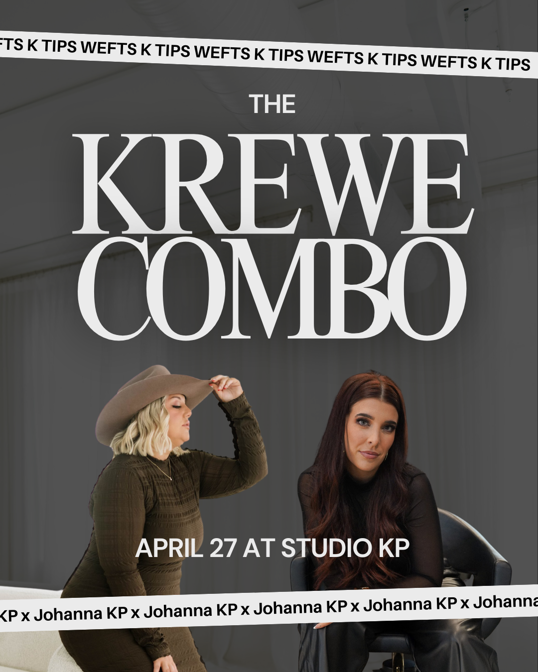 Promotional poster for 'The Krewe Combo' event featuring two women with text about a class launch.
